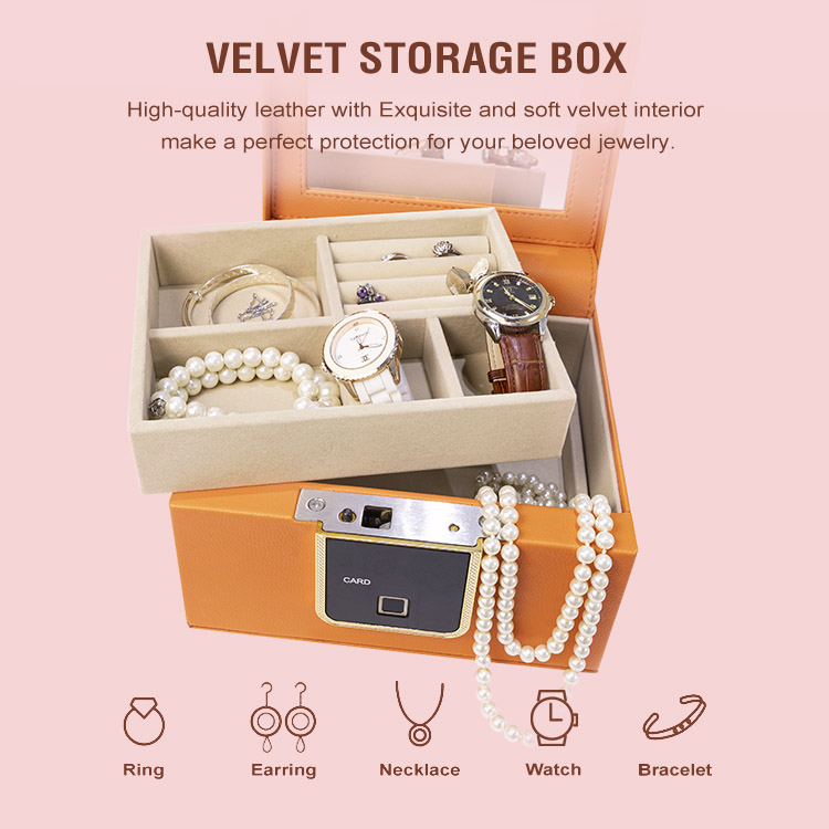 Custom Leather Jewelry Storage steel Case Organizer small Fingerprint Jewelry Safe Box for Women